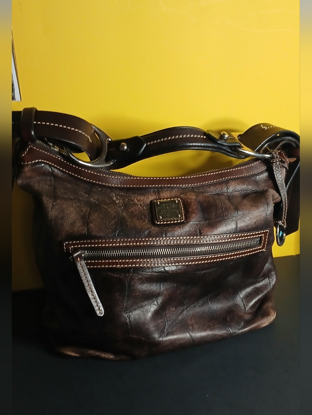 Brown Leather Hobo Bag with Front Zip Pocket, Vintage Dooney& Bourke